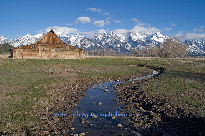 Grand Tetons, tetons, creek, barn, mountains, Wyoming photo